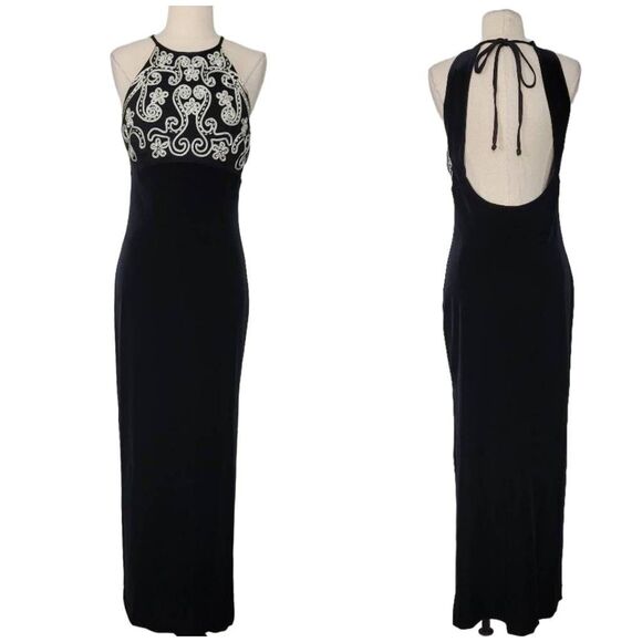 Vtg 90s Zum Zum Niki Livas Black Velvet Maxi Dress‎ Sz S Beaded Halter Open Back - Picture 1 of 11